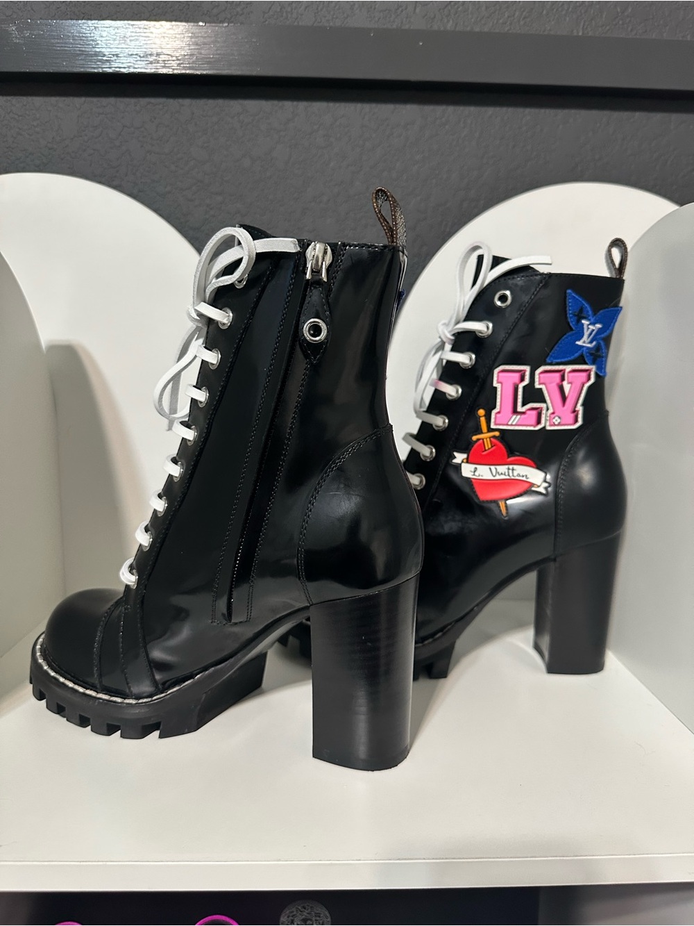 Louis Vuitton Black Leather Lace-Up Platform Patchwork Ankle Boots - Picture 2 of 9